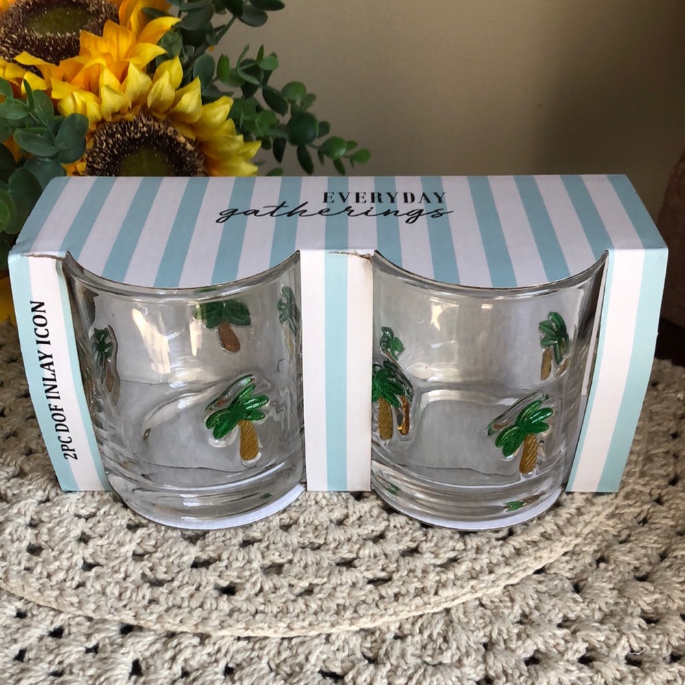 Palm Tree Glass Tumbler Set - Green/Gold